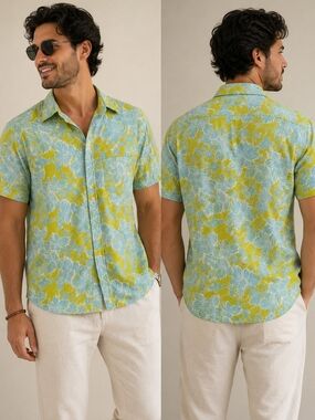 Men's Short-Sleeve Floral Shirt - Yellow & Light Blue
